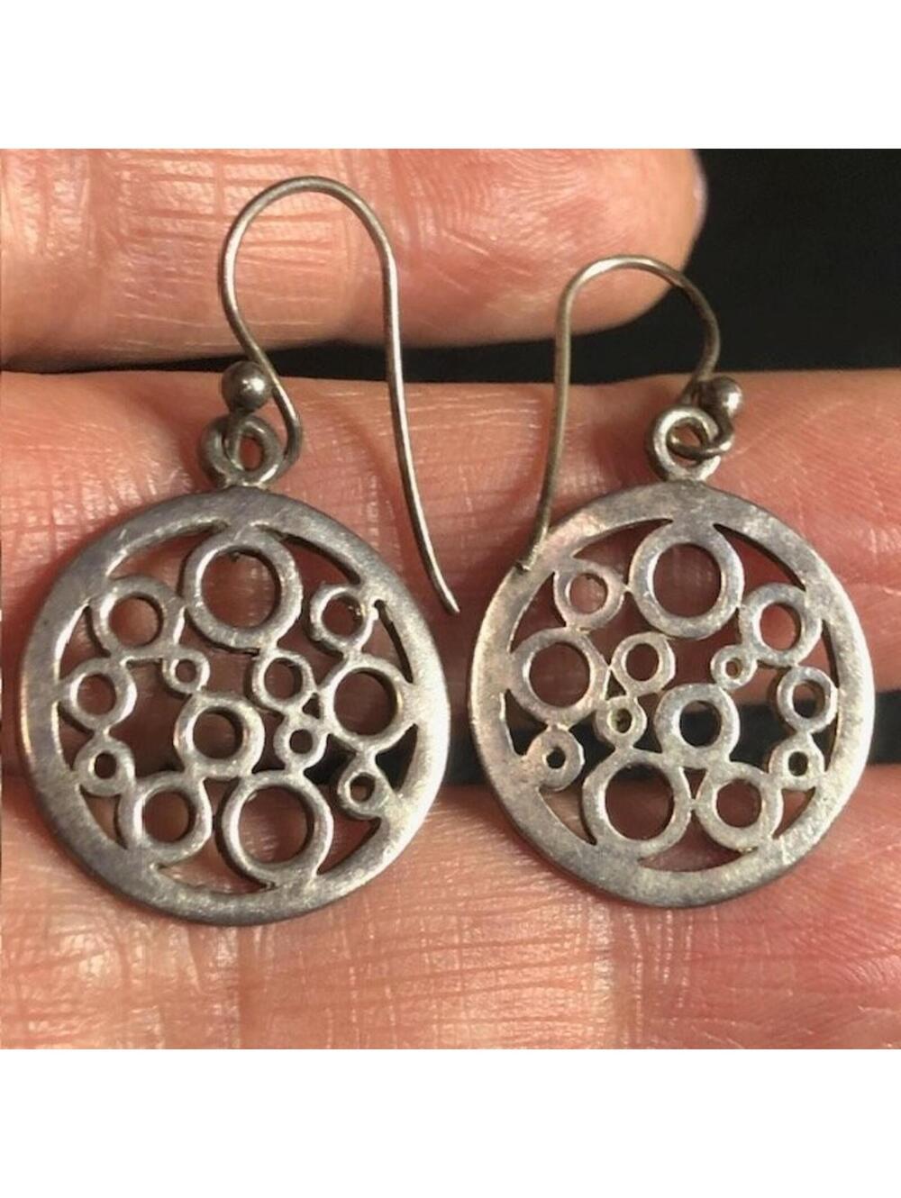 B1808 NF Sterling Silver Dangle Earrings 1.75" Bubble Openwork circle 4.8g